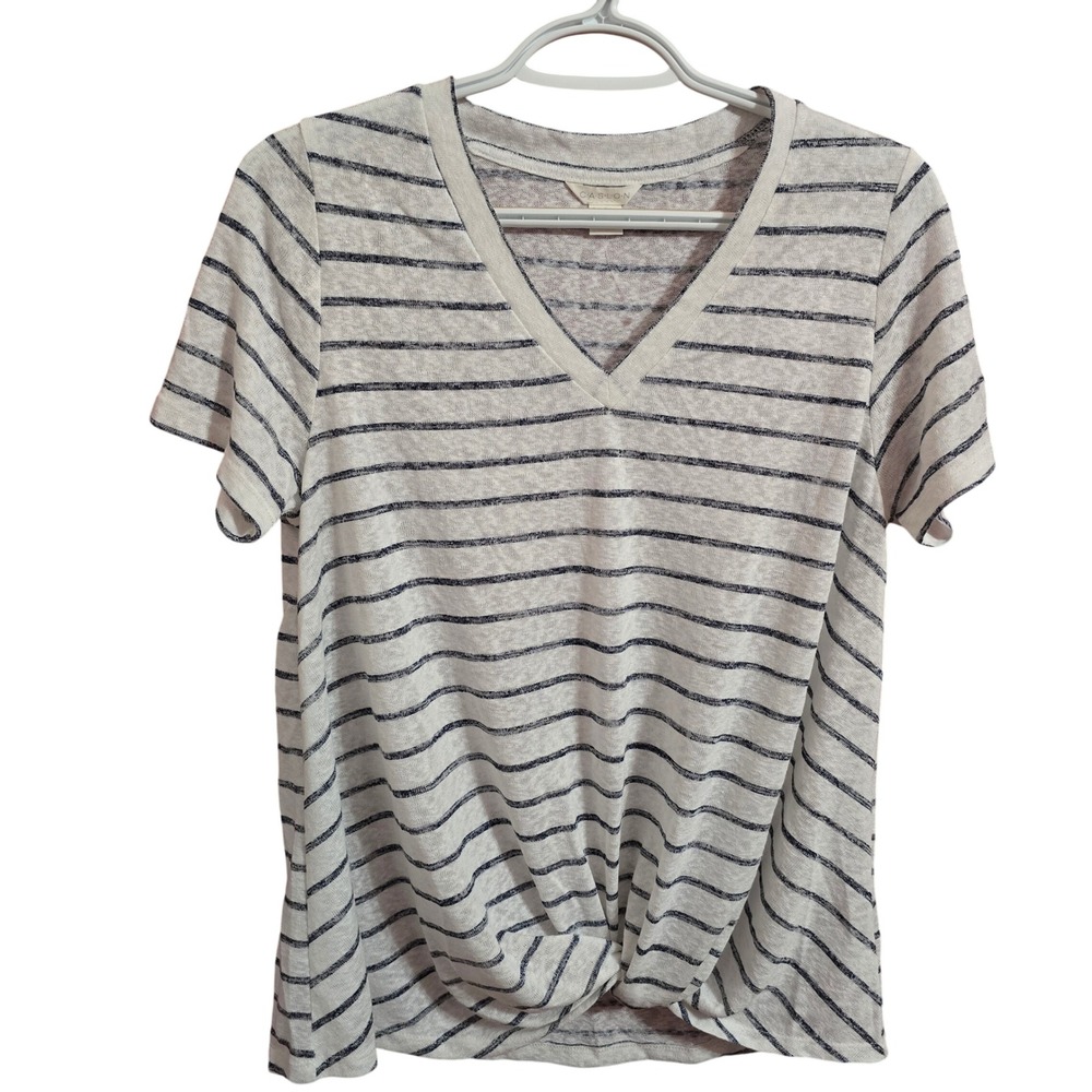Caslon Womens Striped V-Neck Front Twist Knot T-Shirt Navy White  M